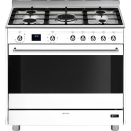 תנור משולב 90 ס"מ 5 מבערים ניקוי באדים גימור לבן מבית SMEG דגם SSA91MAWH2