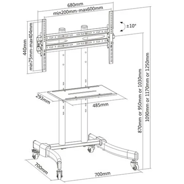 2 עגלה ניידת למסכים עד 70" EAZO איזו דגם IR65