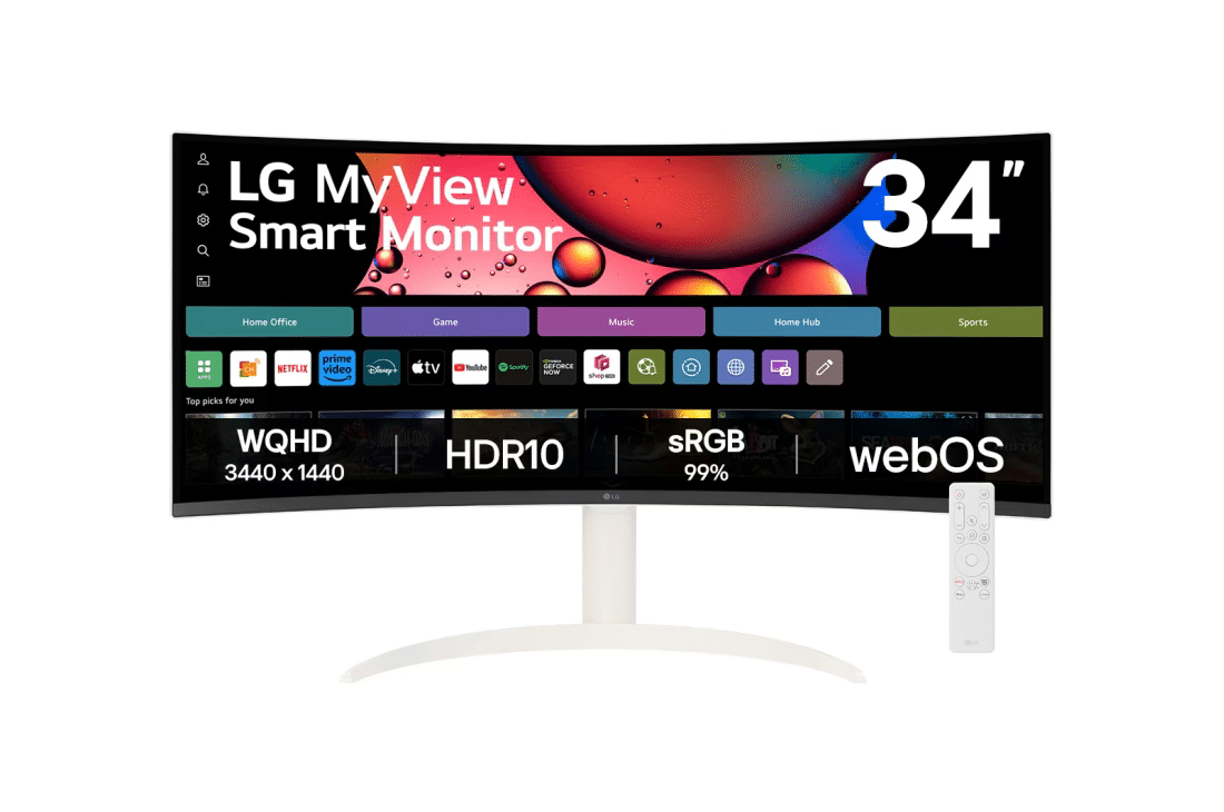 1 (3) צג LG MyView Smart אל ג'י בגודל 34 אינץ' ביחס 21:9 WQHD UltraWide קעור (3440x1440) עם webOS דגם 34SR65QC-W