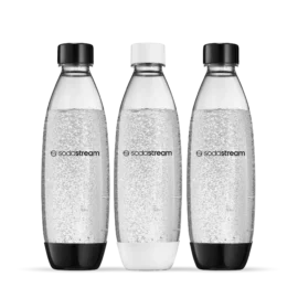 שלישיית בקבוקי הגזה מפלסטיק לשימוש רב פעמי בצבע שחור ולבן בנפח 1 ליטר Sodastream